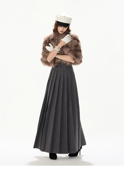 KHAKI MIX FAUX FUR CROPPED JACKET & SMOKY GREY PLEATED MAXI DRESS