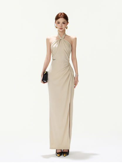 OATMEAL TWIST HALTER MAXI DRESS