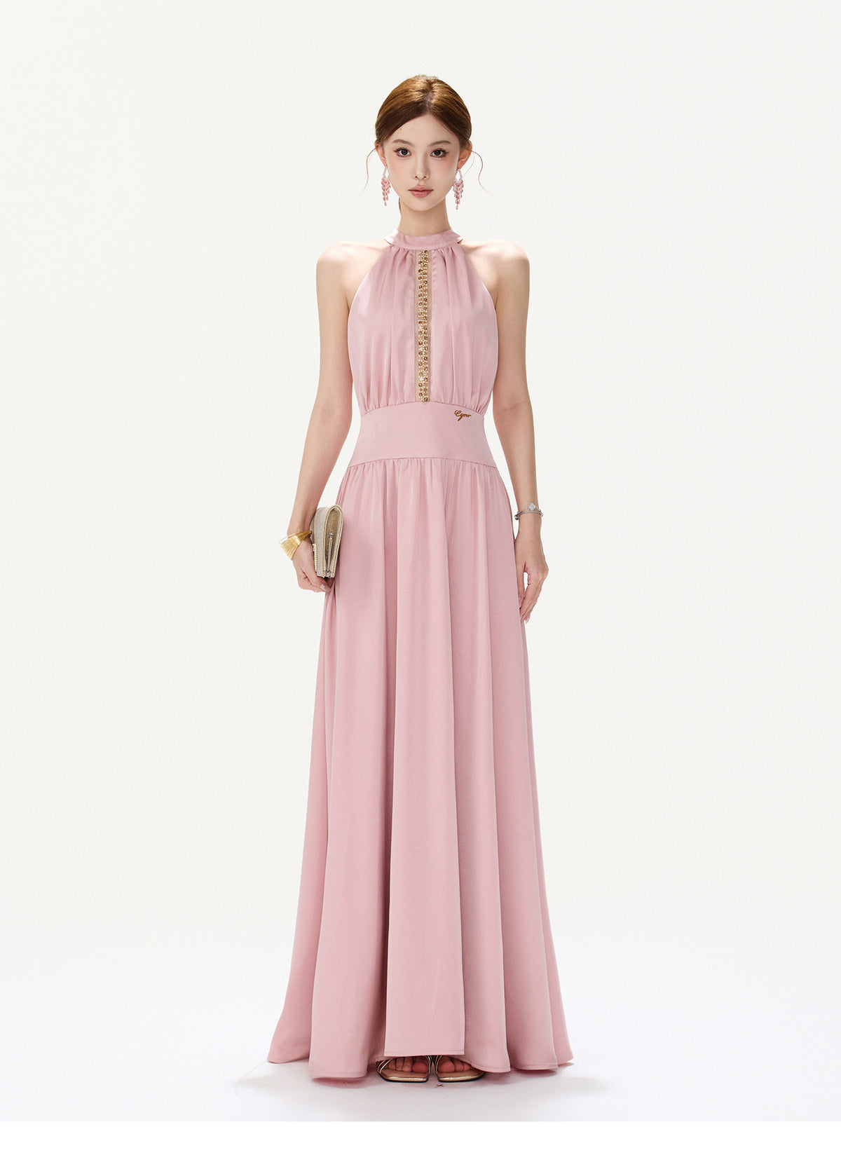 BLUSH JEWELED HALTER GOWN