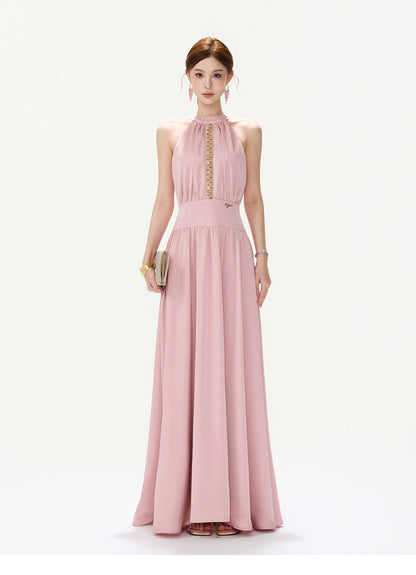 BLUSH JEWELED HALTER GOWN