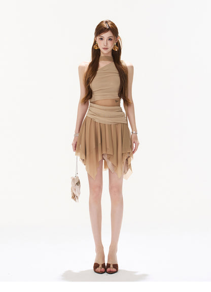 MIST KHAKI ASYMMETRIC RUFFLE MINI DRESS