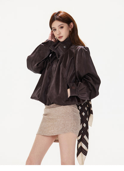 PLUM BROWN GATHERED LEATHER-LIKE JACKET