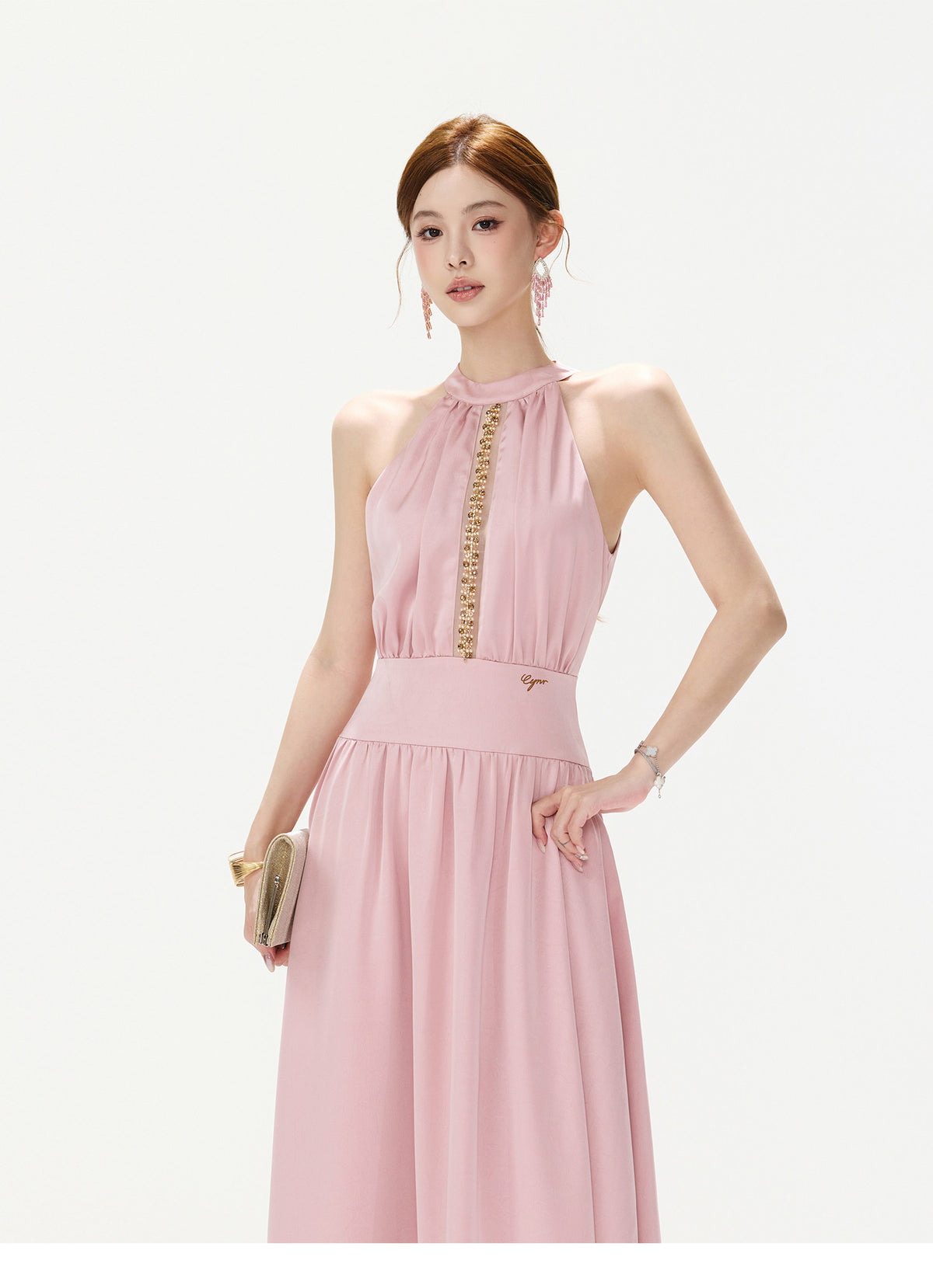 BLUSH JEWELED HALTER GOWN