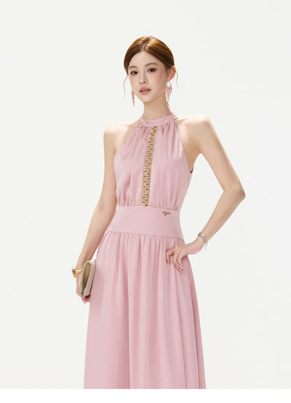 BLUSH JEWELED HALTER GOWN