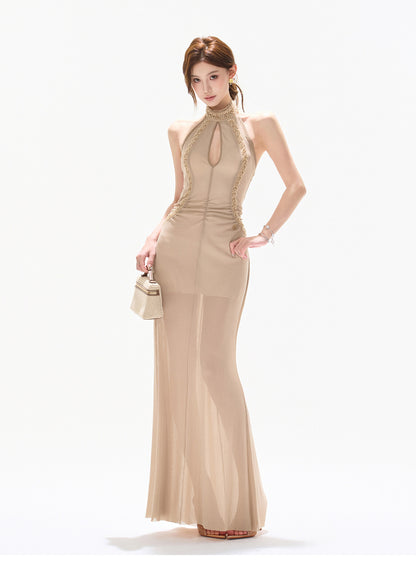 LUMINOUS BEADED HALTER GOWN