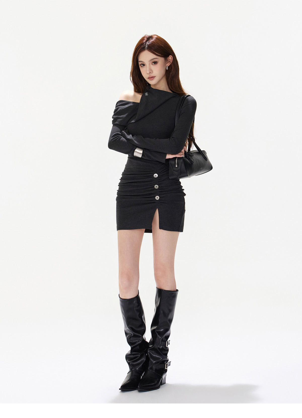 CHARCOAL DRAPED ASYMMETRIC MINI DRESS