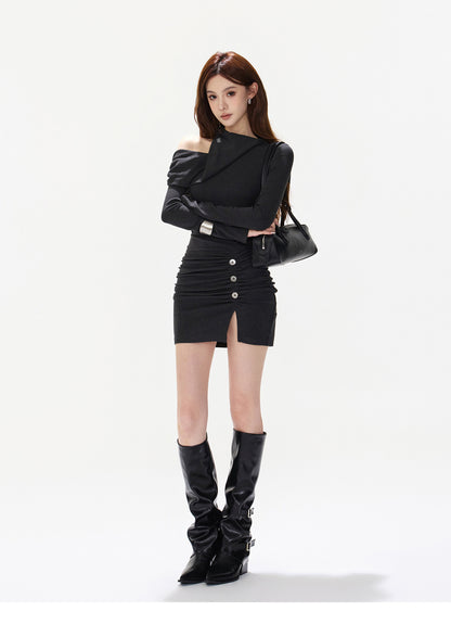 CHARCOAL DRAPED ASYMMETRIC MINI DRESS