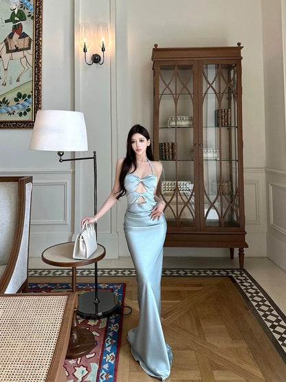 SATIN OFF-SHOULDER HALTER DRESS