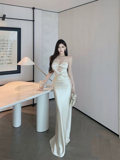 SATIN OFF-SHOULDER HALTER DRESS