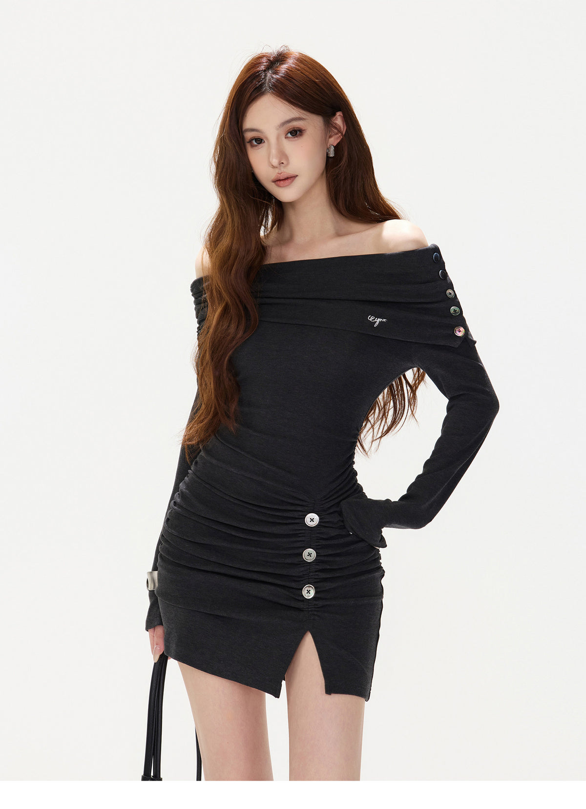 CHARCOAL DRAPED ASYMMETRIC MINI DRESS