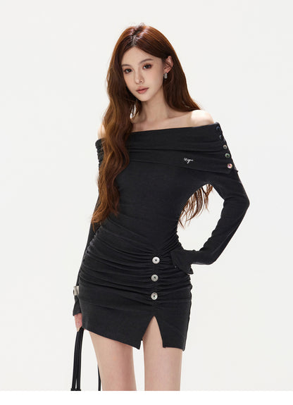 CHARCOAL DRAPED ASYMMETRIC MINI DRESS
