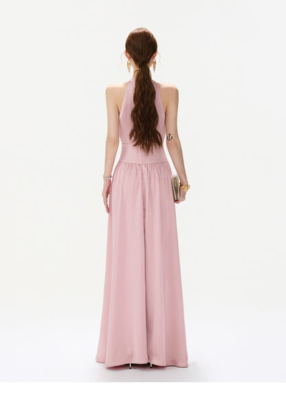 BLUSH JEWELED HALTER GOWN