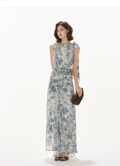 NORWEGIAN FOREST PRINT CHIFFON WAIST ONE-PIECE