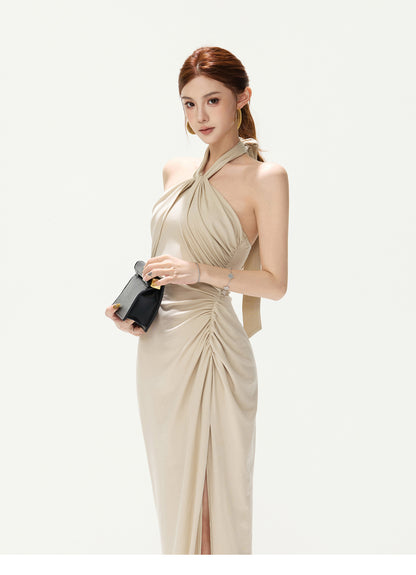 OATMEAL TWIST HALTER MAXI DRESS