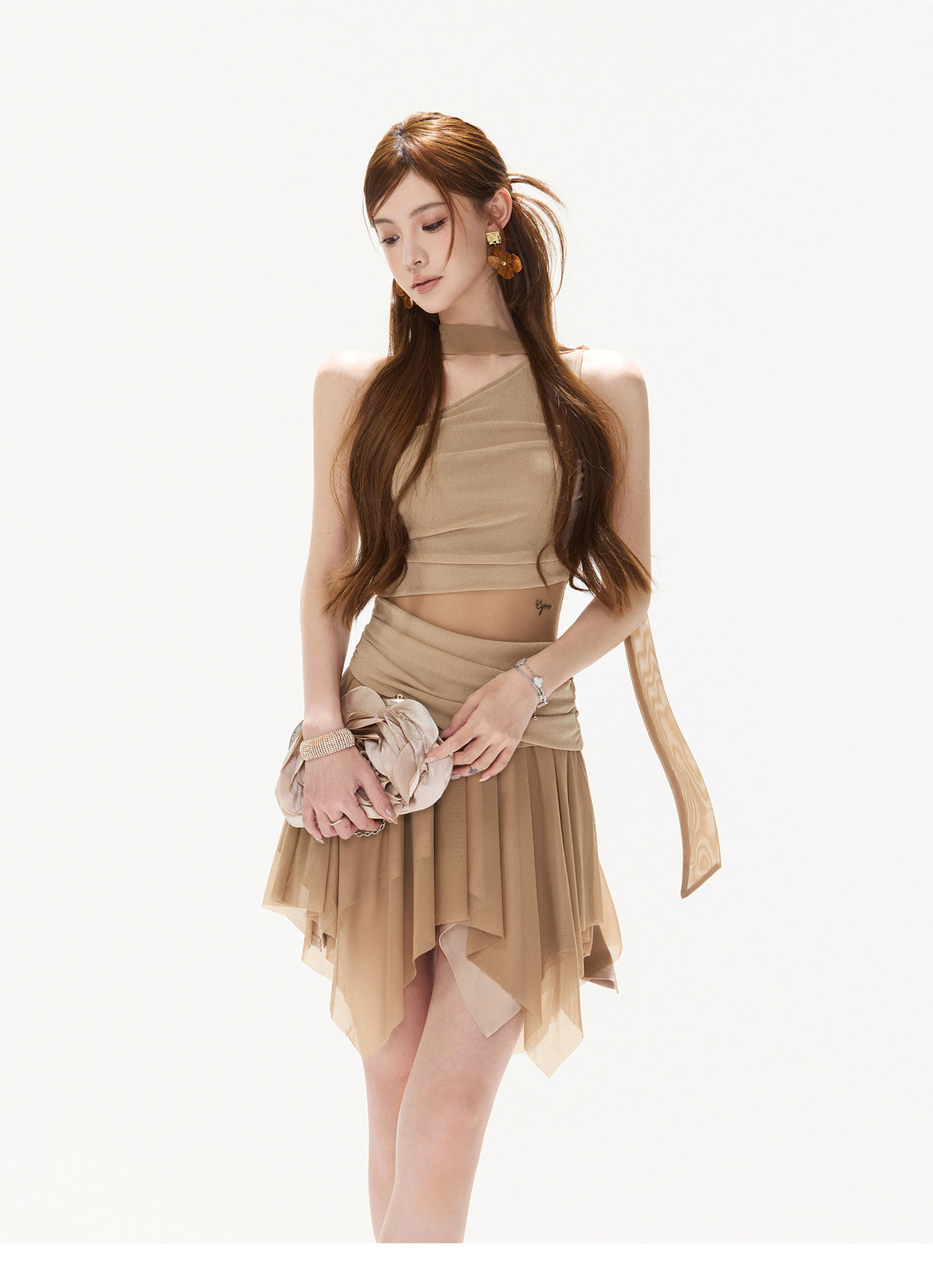 MIST KHAKI ASYMMETRIC RUFFLE MINI DRESS