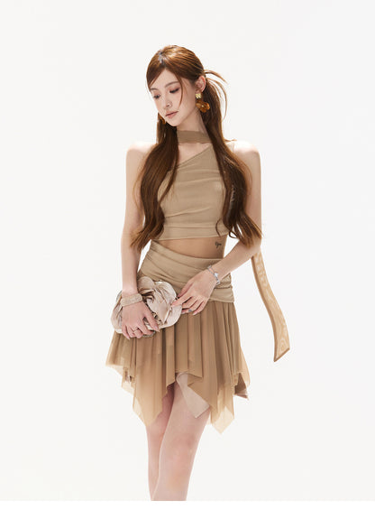 MIST KHAKI ASYMMETRIC RUFFLE MINI DRESS