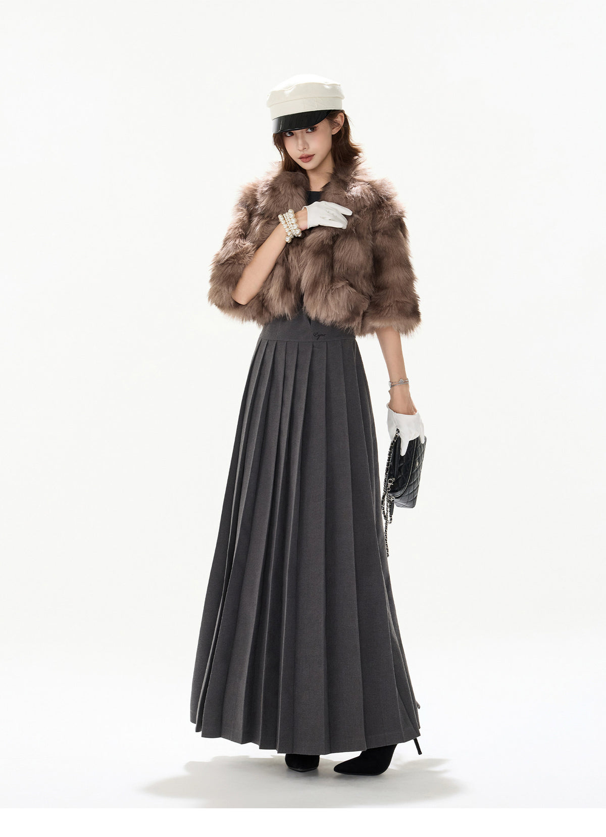 KHAKI MIX FAUX FUR CROPPED JACKET & SMOKY GREY PLEATED MAXI DRESS