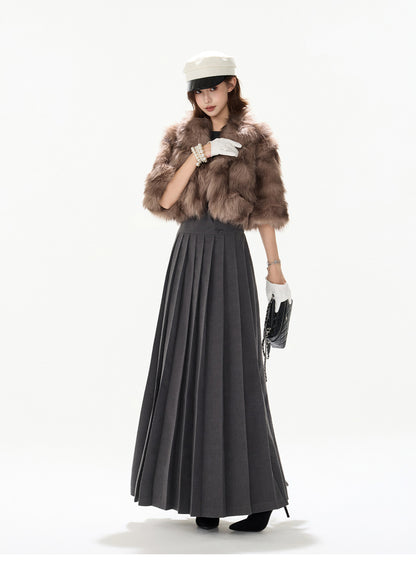 KHAKI MIX FAUX FUR CROPPED JACKET & SMOKY GREY PLEATED MAXI DRESS