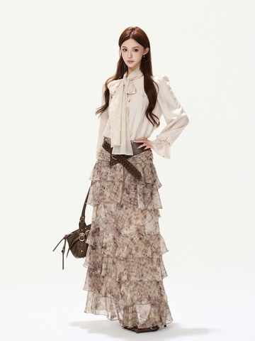 LACE BOW BLOUSE & PRINTED TIERED MAXI SKIRT