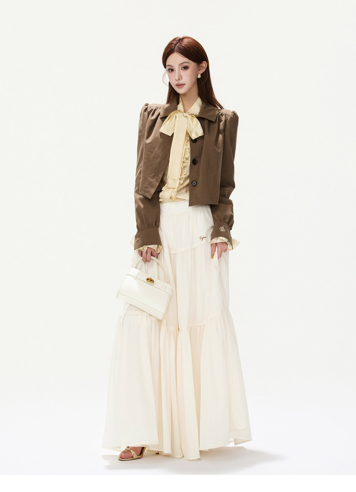 CY260868JSK cocoa brown puff-sleeve cropped jacket, product view 1