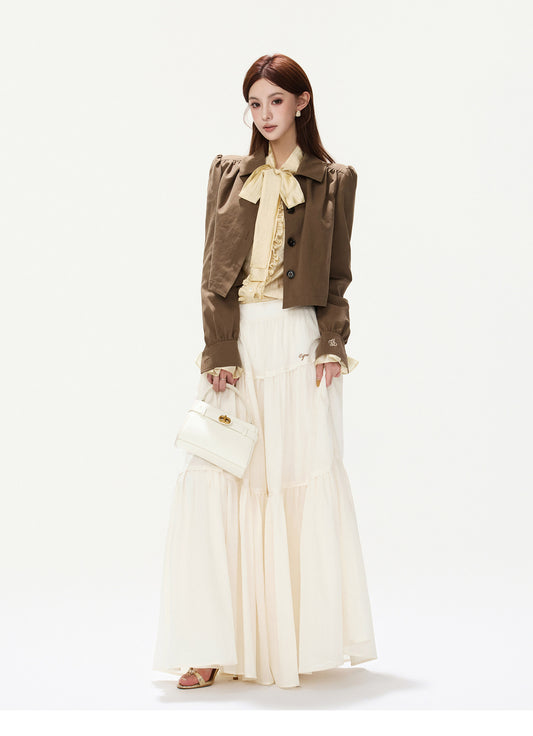 CY260868JSK cocoa brown puff-sleeve cropped jacket, product view 1