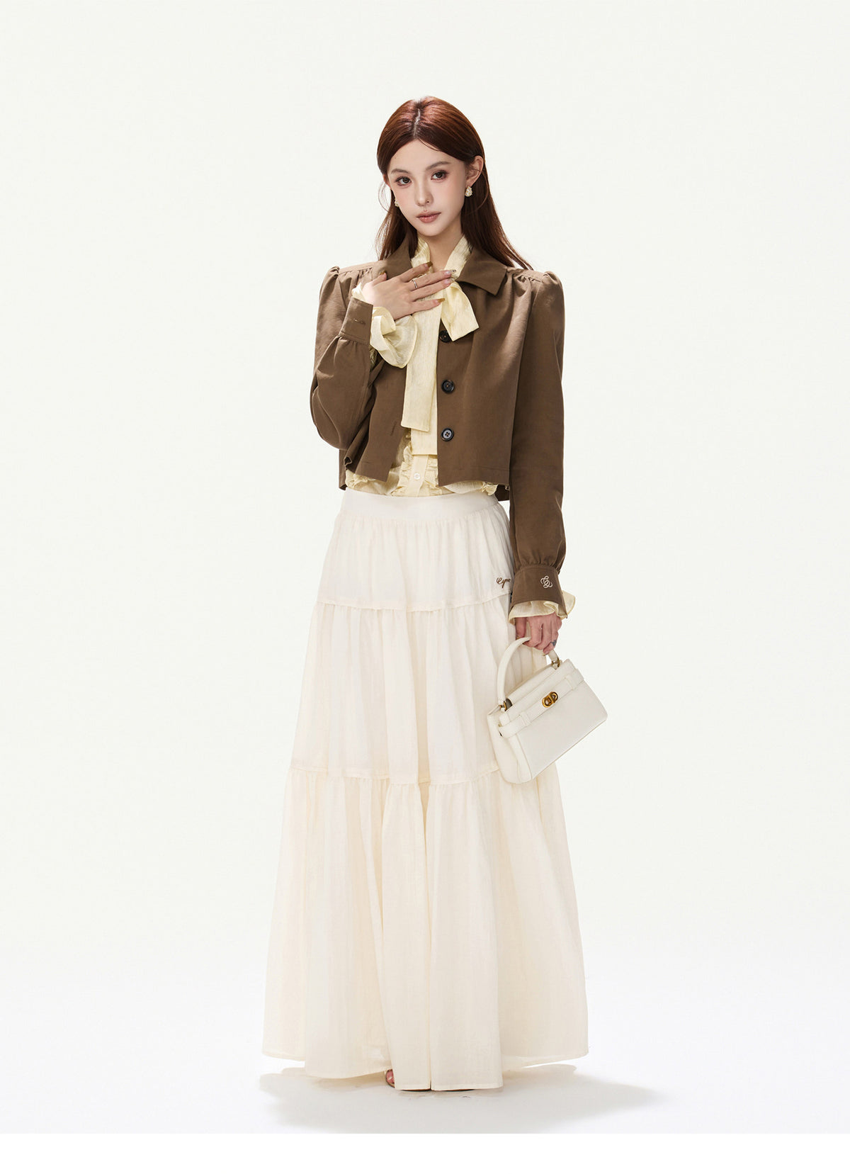 CY260868JSK cocoa brown puff-sleeve cropped jacket, product view 2