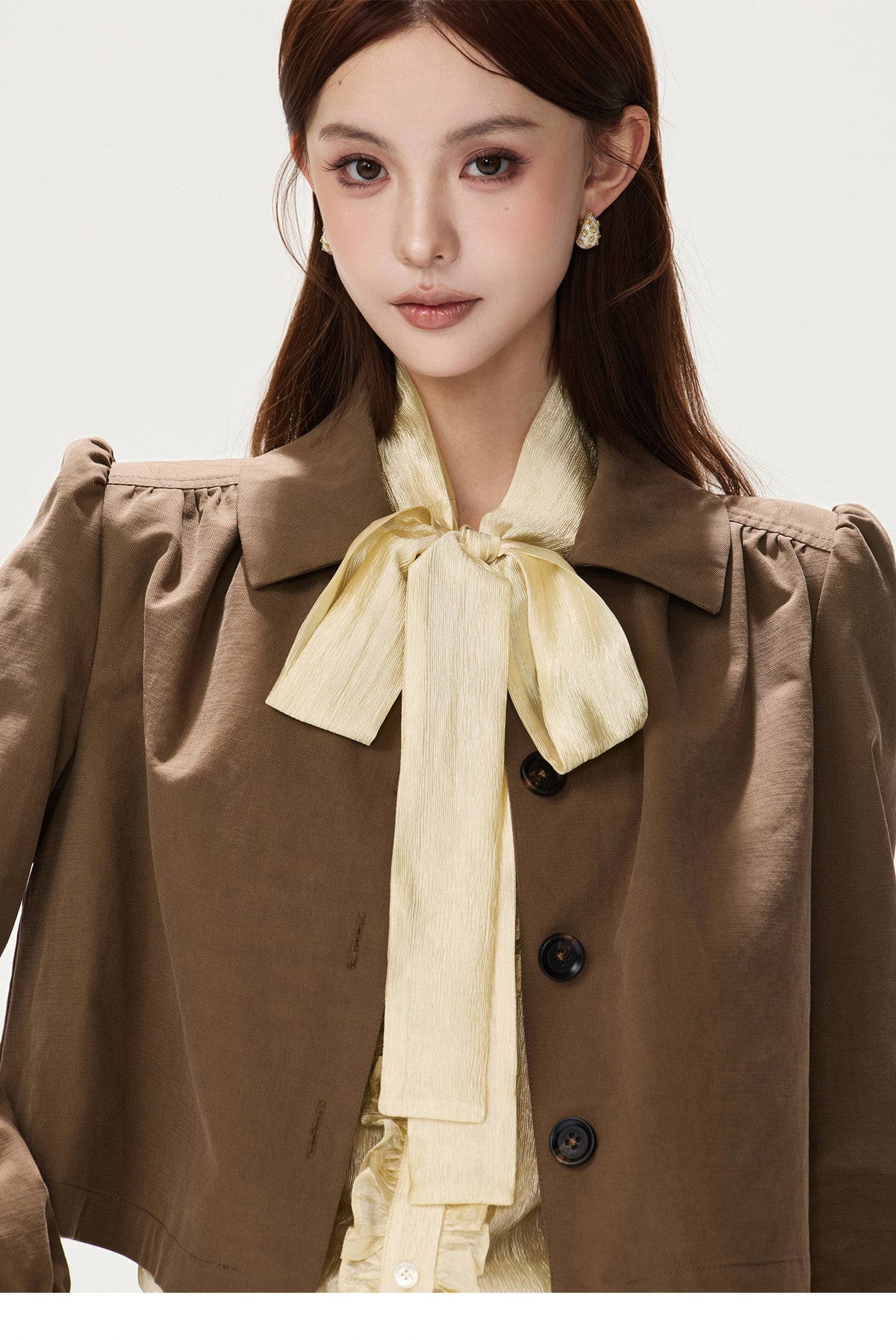 CY260868JSK cocoa brown puff-sleeve cropped jacket, product view 3
