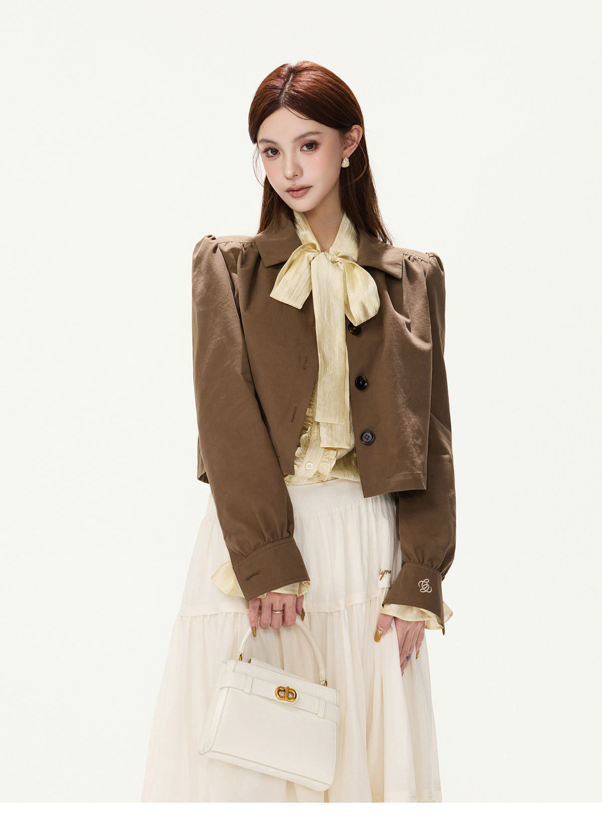 CY260868JSK cocoa brown puff-sleeve cropped jacket, product view 5