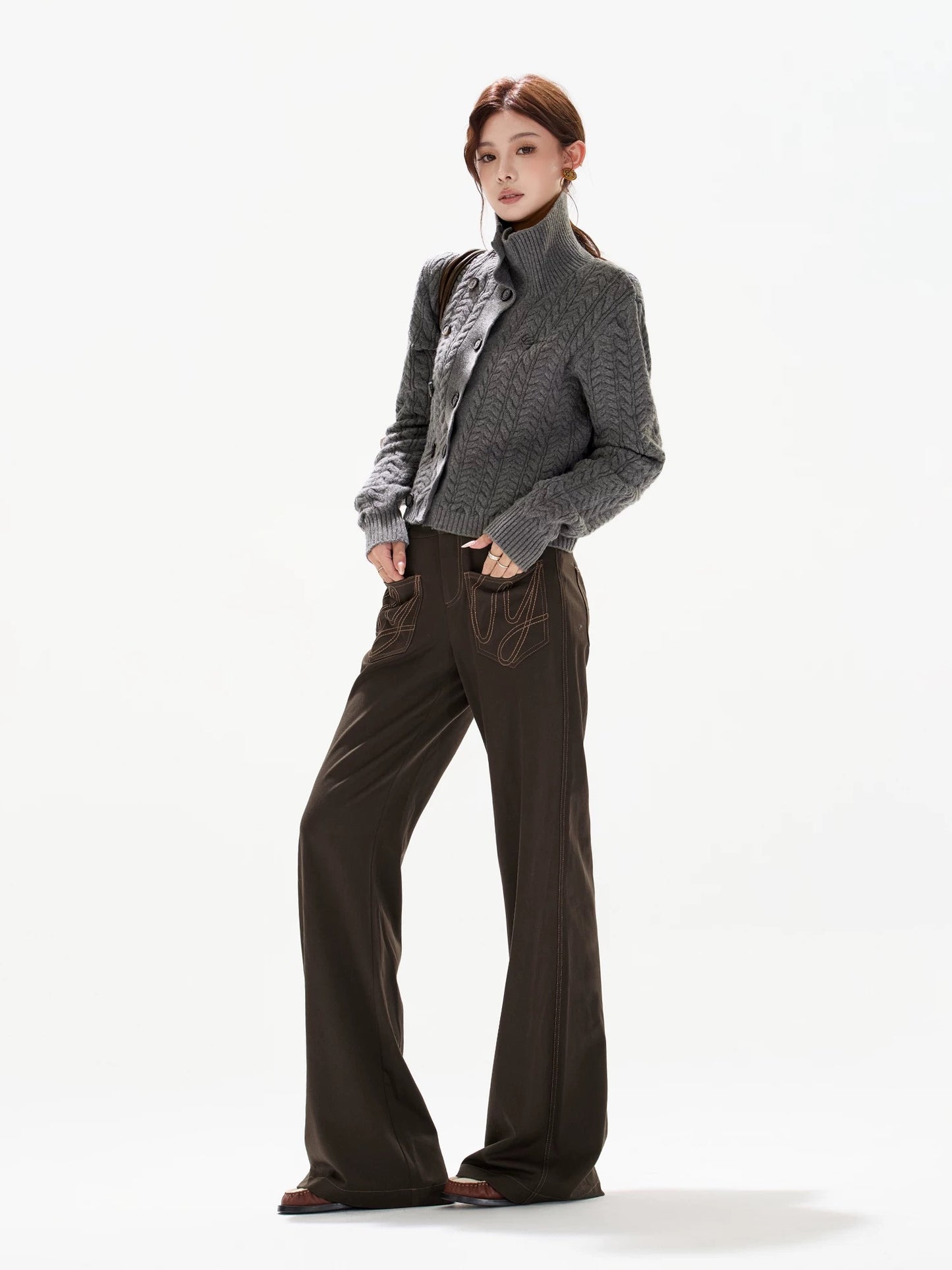 VINTAGE CABLE-KNIT HIGH-NECK WOOL CARDIGAN