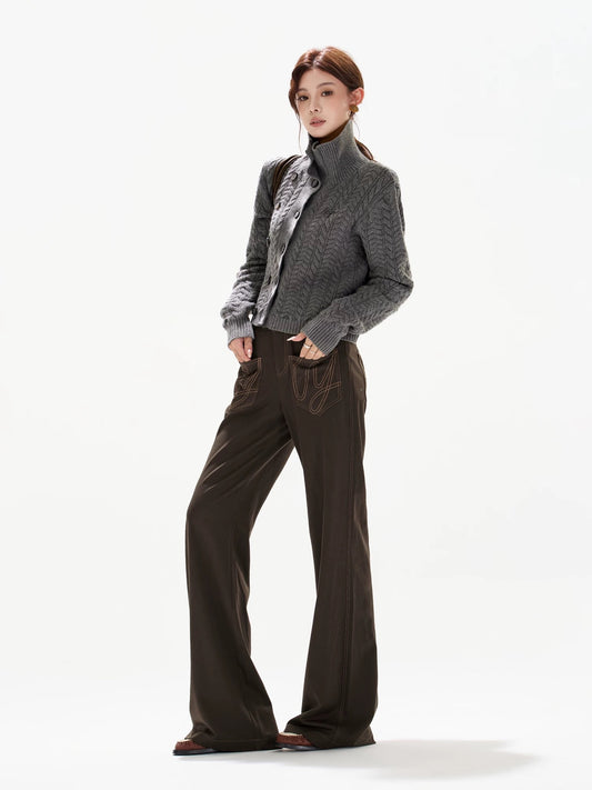 VINTAGE CABLE-KNIT HIGH-NECK WOOL CARDIGAN