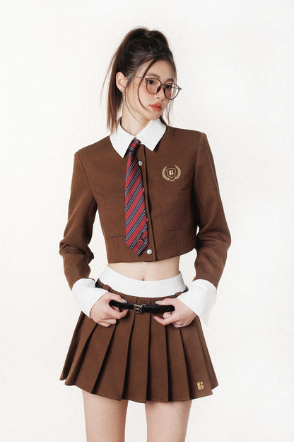 FAKE TWO PIECE SHIRT PLEATED SKIRT SUIT