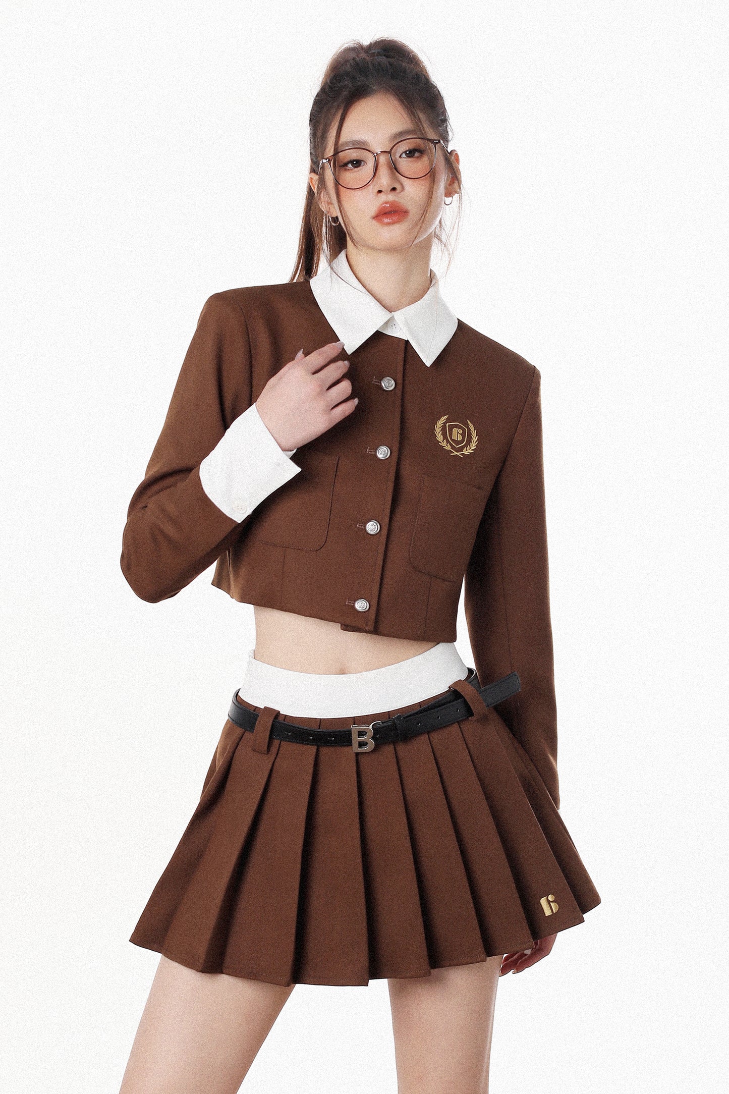 FAKE TWO PIECE SHIRT PLEATED SKIRT SUIT