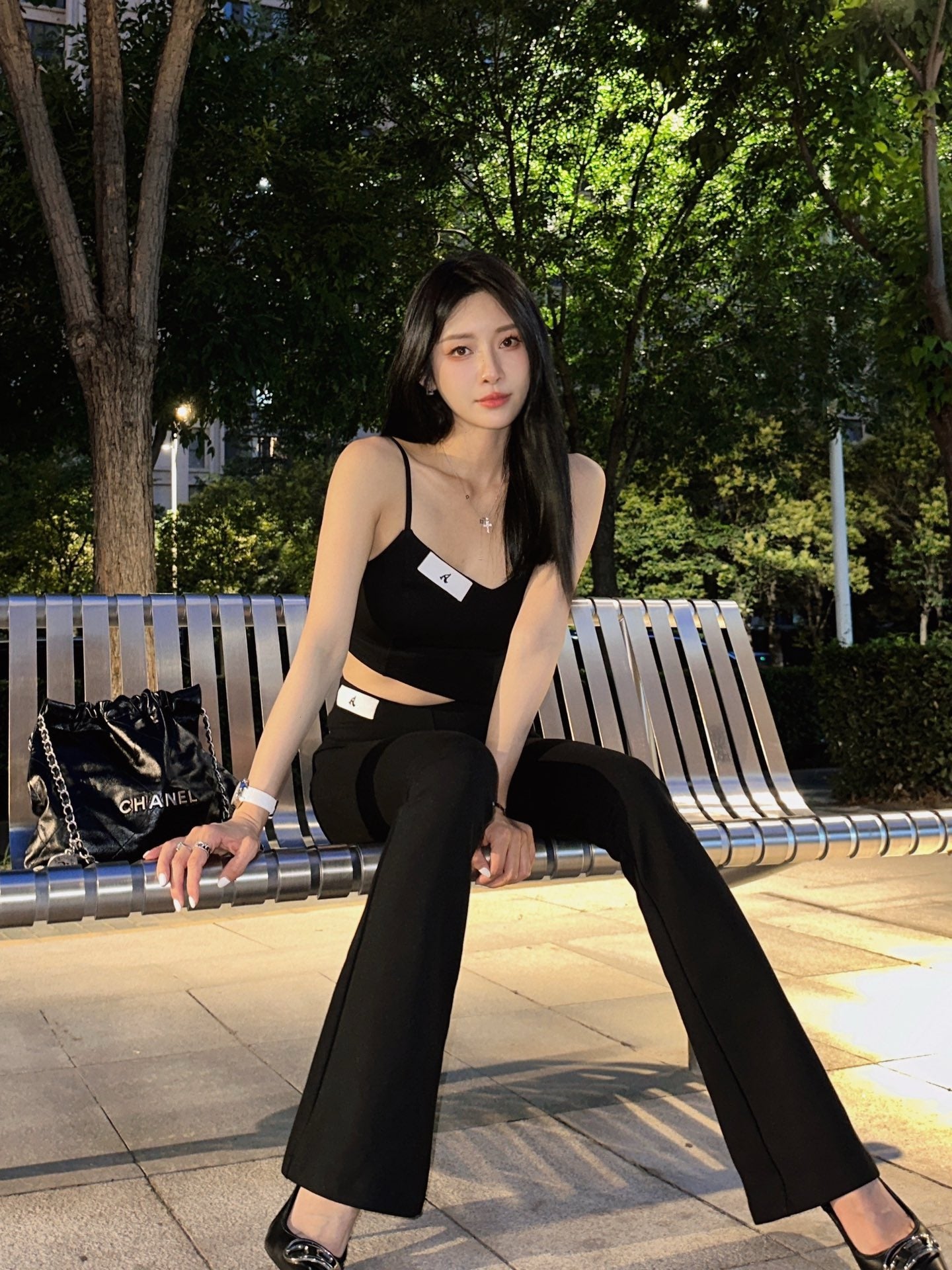 BLACK ASYMMETRIC STRETCH TOP & FLARED PANTS