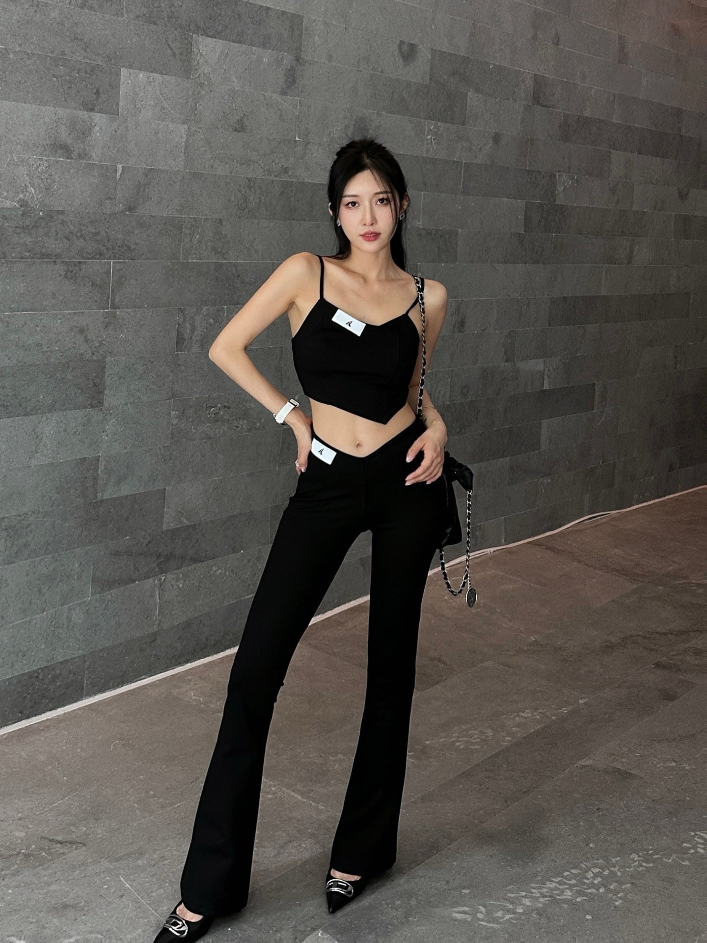 BLACK ASYMMETRIC STRETCH TOP & FLARED PANTS