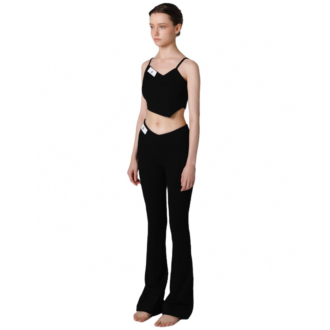 BLACK ASYMMETRIC STRETCH TOP & FLARED PANTS