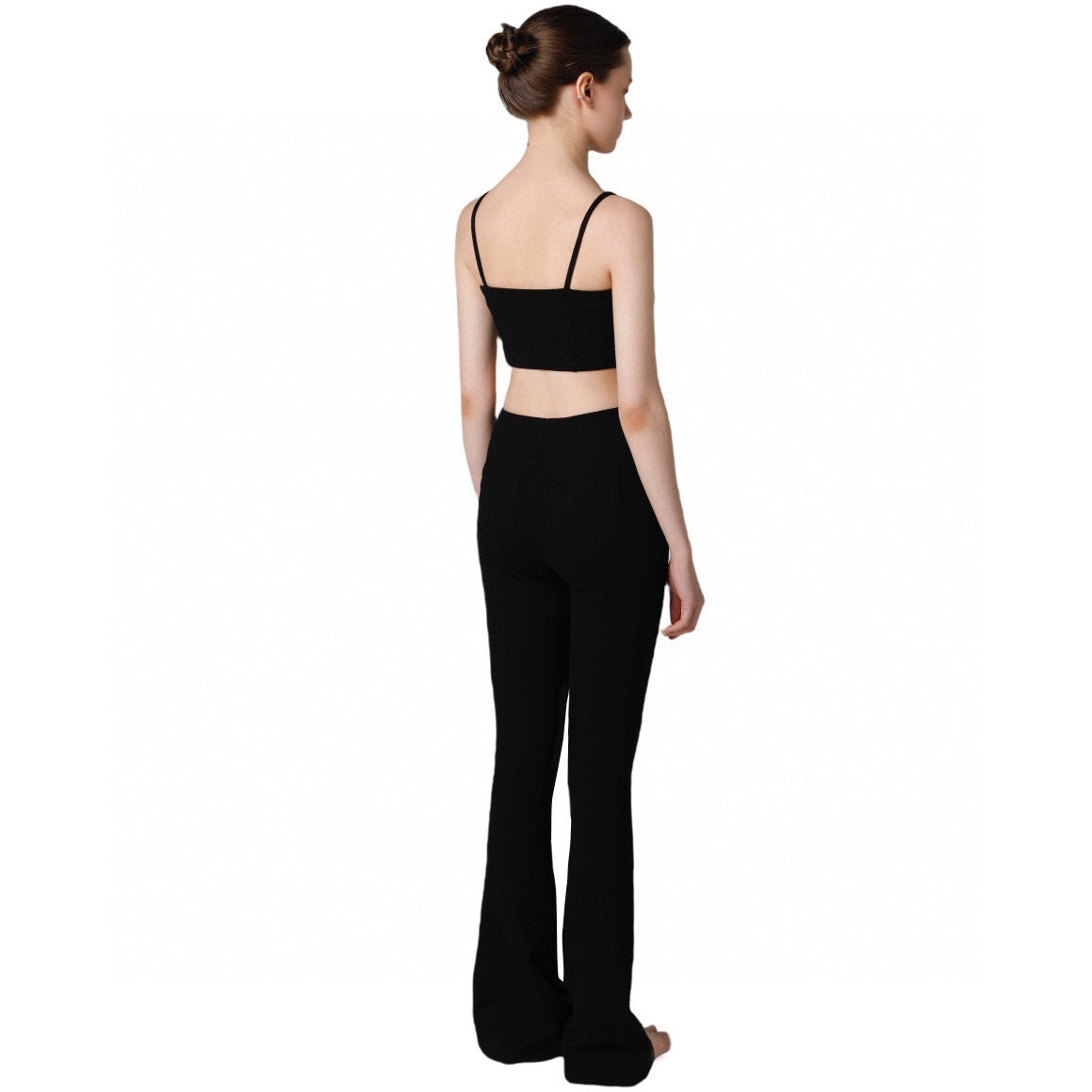 BLACK ASYMMETRIC STRETCH TOP & FLARED PANTS