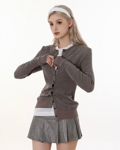 CREWNECK KNIT CARDIGAN & LEATHER SKIRT