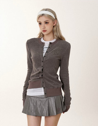 CREWNECK KNIT CARDIGAN & LEATHER SKIRT