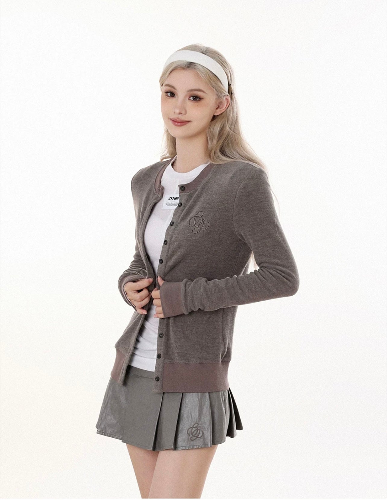 CREWNECK KNIT CARDIGAN & LEATHER SKIRT