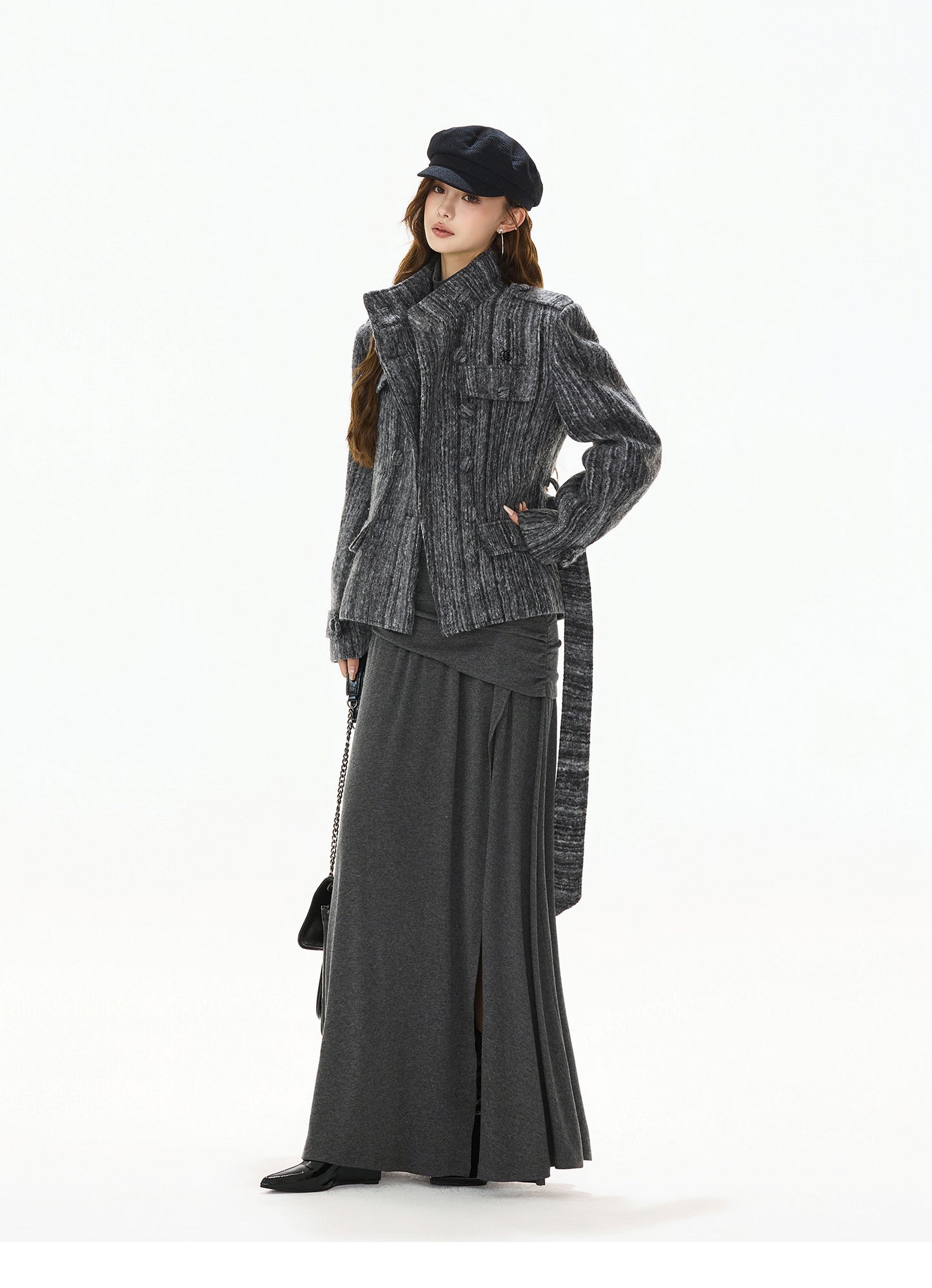 STRIPED TWEED WAISTED WOOL COAT