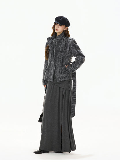 STRIPED TWEED WAISTED WOOL COAT