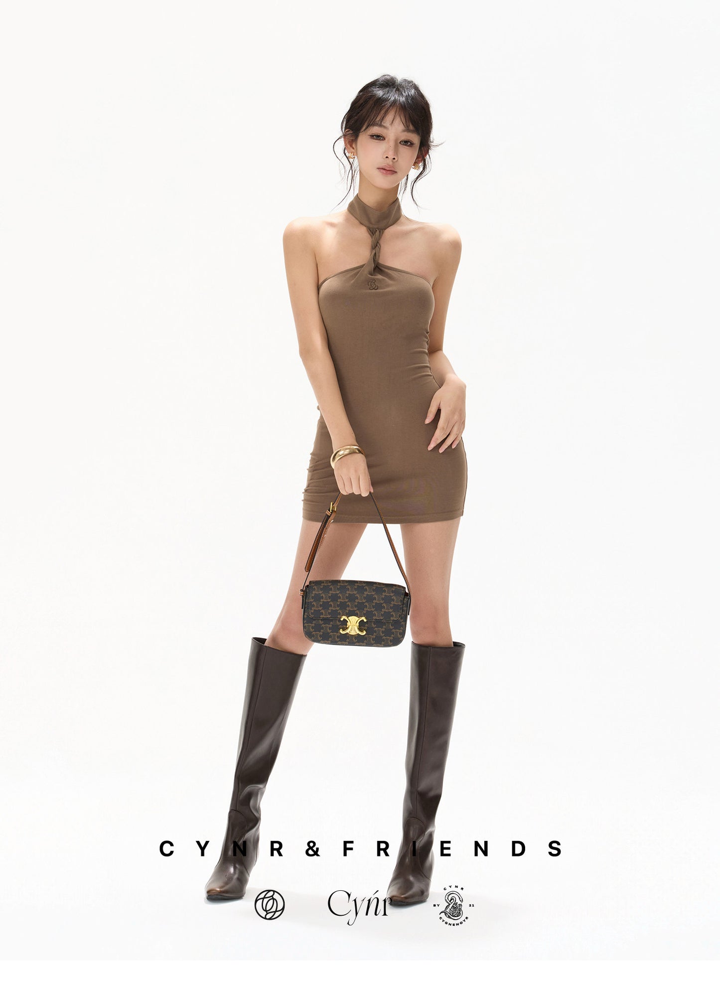【日本在庫 】BROWN HALTER BODYCON DRESS