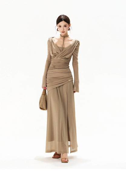 【日本在庫 】FRENCH HALTER KNIT TULLE MAXI DRESS