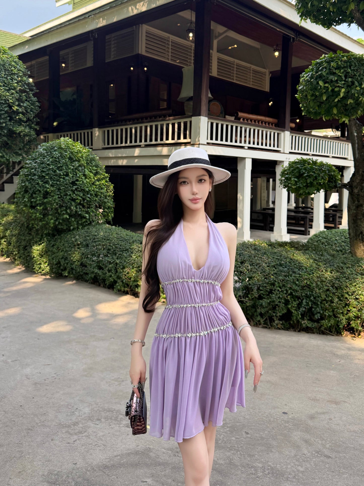 HALTER CHIFFON BACKLESS MINI DRESS