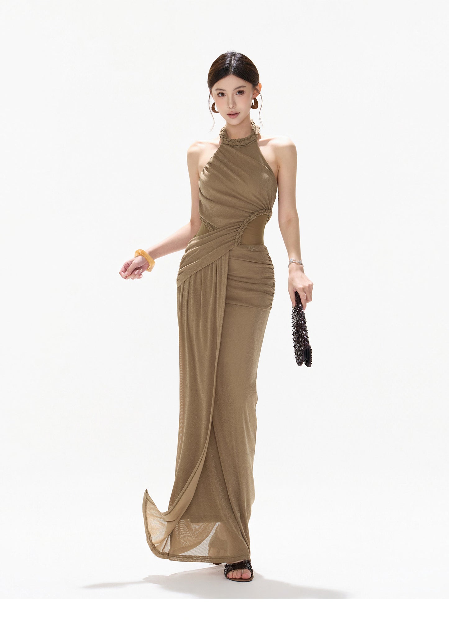 HALTER CUTOUT TULLE DRAPED EVENING DRESS