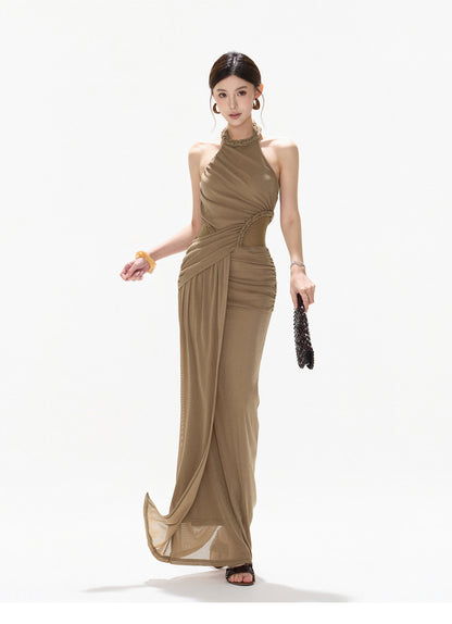 HALTER CUTOUT TULLE DRAPED EVENING DRESS