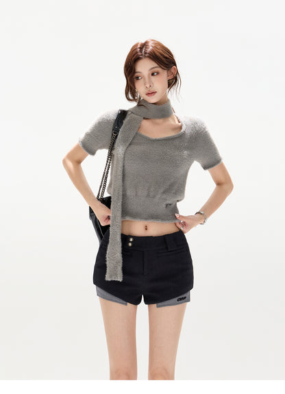 COZY TIE-FRONT HEART NECK SWEATER & PATCH WOOL SHORTS SET