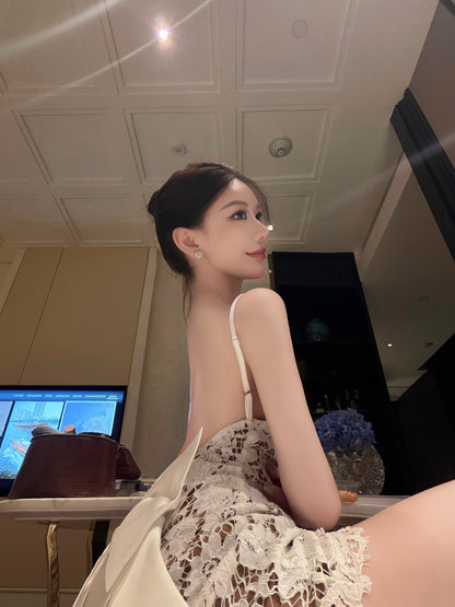 LACE BOW BACK MINI DRESS