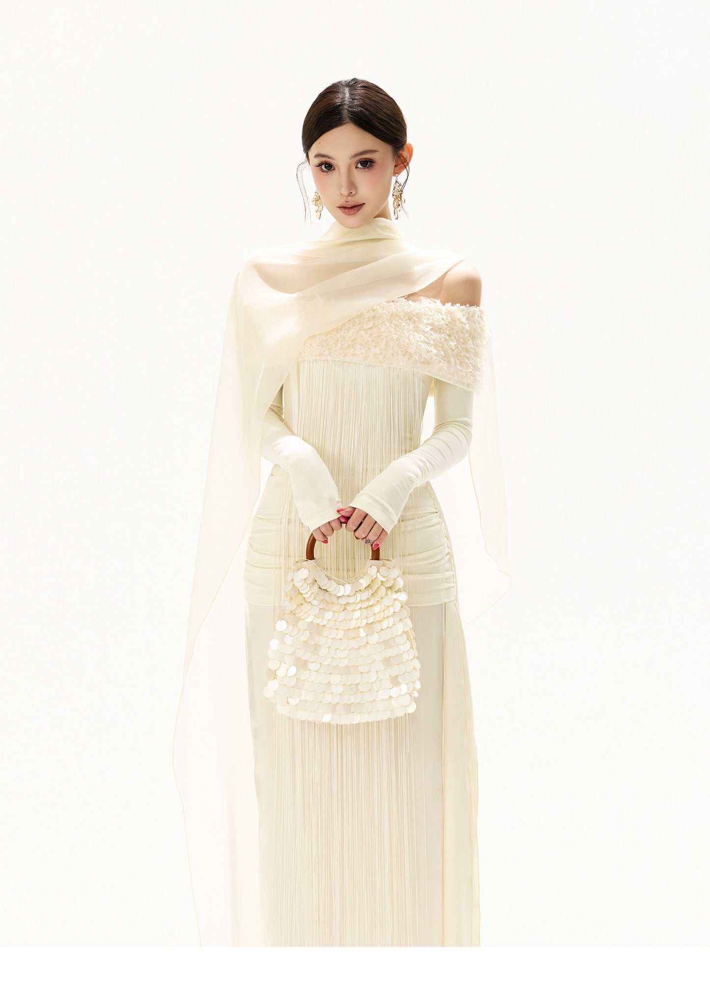 FEATHER SEQUIN OFF SHOULDER FRINGE DRESS