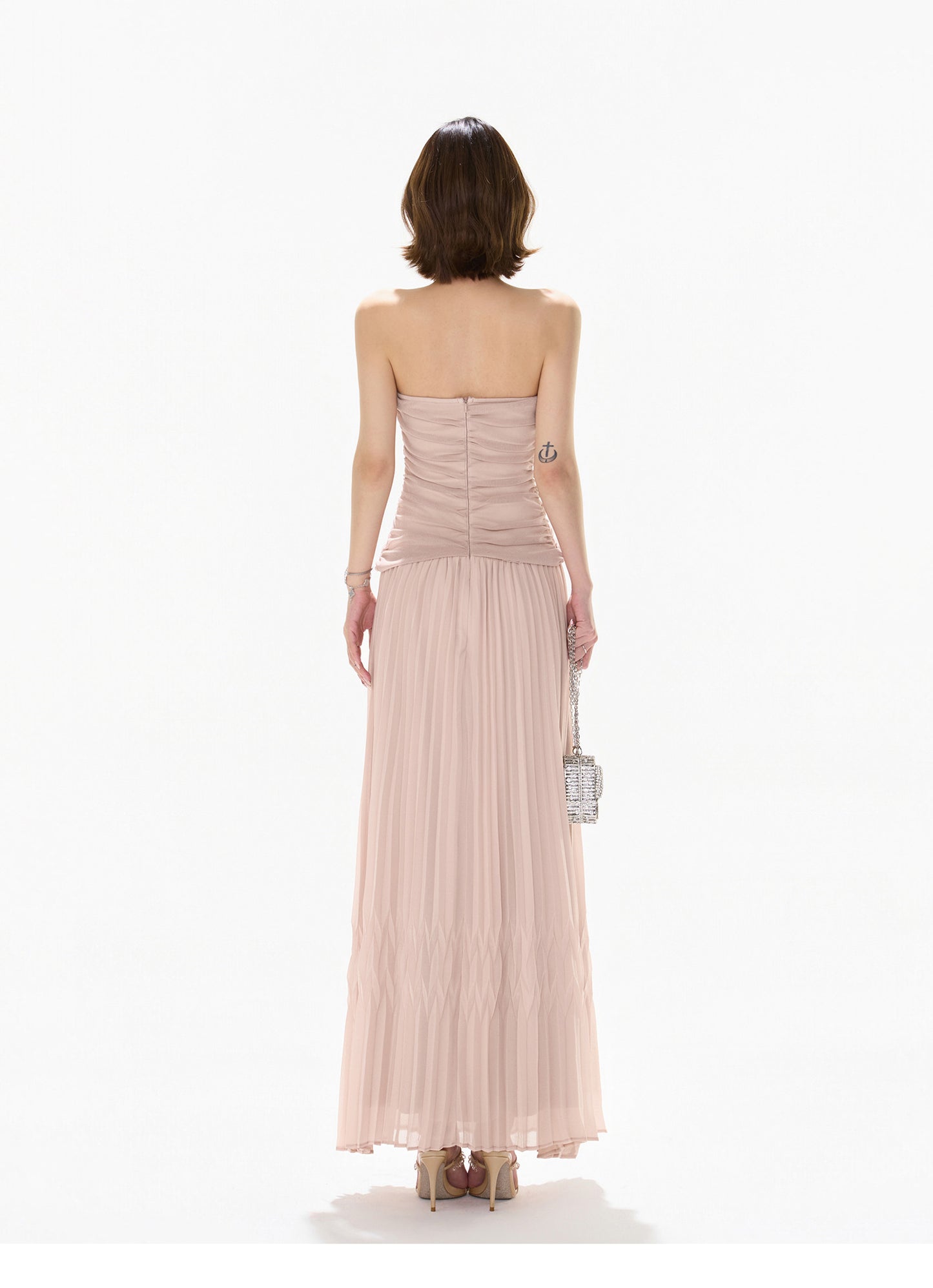 【日本在庫 】RHINESTONE PLEATED TULLE STRAPLESS DRESS